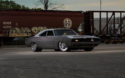 Dodge Charger, 1970, gray coupe, front view, retro cars, american cars, Dodge