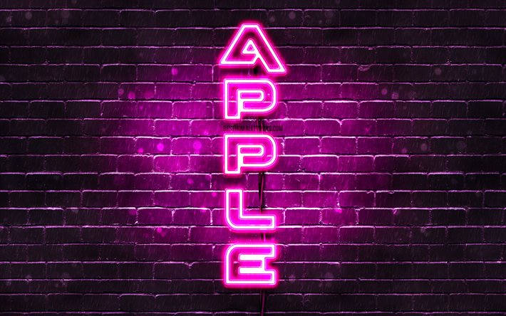 4K, Apple紫色のロゴ, テキストの垂直, 紫brickwall, リンゴネオンのロゴ, 創造, Appleのロゴ, 作品, Apple
