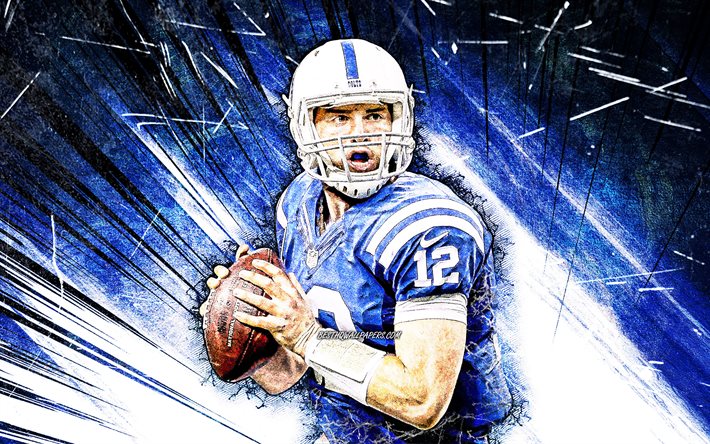 4k, Andrew Luck, grunge, arte, quarterback, Indianapolis Colts, football americano, NFL, Andrew Austen Fortuna, National Football League, blu, astratto raggi, Aaron Rodgers 4K
