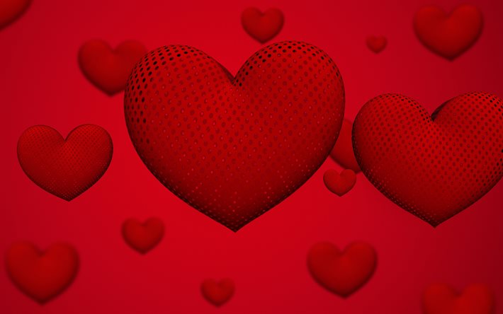 قلوب حمراء 3d, الرومانسية المفاهيم, خلفية حمراء مع القلوب, 3d القلوب, طمس, الحب خلفية