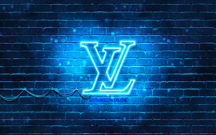 Louis Vuitton logo bleu, 4k, bleu, brickwall, Louis Vuitton logo, les marques, Louis Vuitton n&#233;on logo, Louis Vuitton