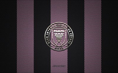 Inter Miami CF logo, American football club, metal emblem, pink gray metal mesh background, Inter Miami CF, MLS, Miami, Florida, USA, Soccer