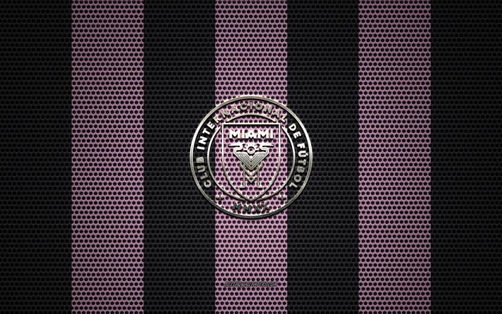 Inter Miami CF logo, American football club, metal emblem, pink gray metal mesh background, Inter Miami CF, MLS, Miami, Florida, USA, Soccer