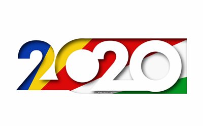 Seychellit 2020, Seychellien lippu, valkoinen tausta, Seychellit, 3d art, 2020 k&#228;sitteit&#228;, 2020 Uusi Vuosi, 2020 Seychellien lippu