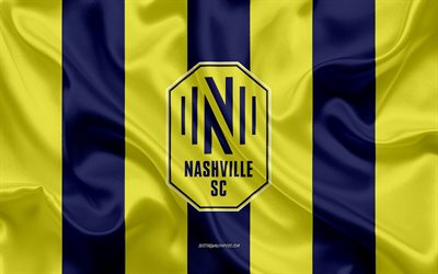 Nashville SC new logo, blue and yellow silk flag, MLS, Nashville SC new emblem, silk texture, MSL, Nashville, Tennessee, USA, Nashville SC