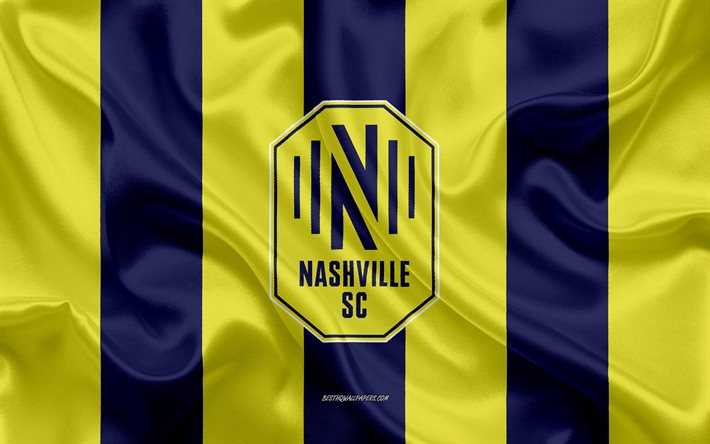 Nashville SC nya logotyp, bl&#229; och gul silk flag, MLS, Nashville SC nya emblem, siden konsistens, MSL, Nashville, Tennessee, USA, Nashville SC