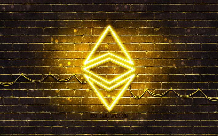 Ethereum gul logotyp, 4k, gul brickwall, Ethereum logotyp, cryptocurrency, Ethereum neon logotyp, cryptocurrency tecken, Ethereum