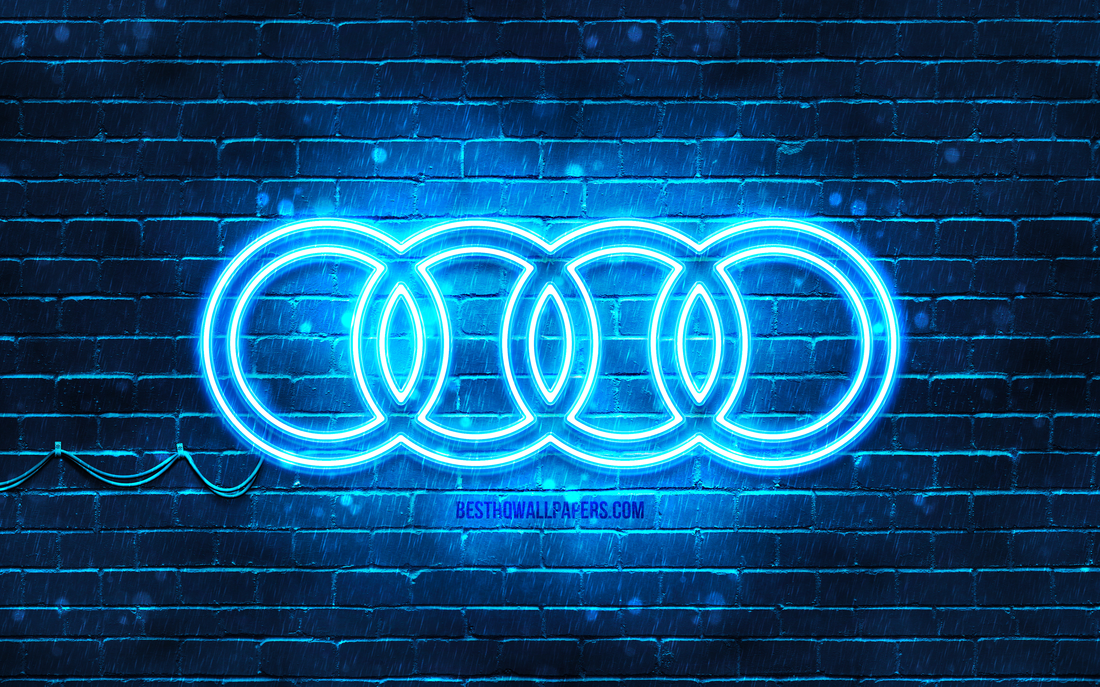 Audi blue logo, 4k, blue brickwall, Audi logo, cars brands, Audi neon logo...