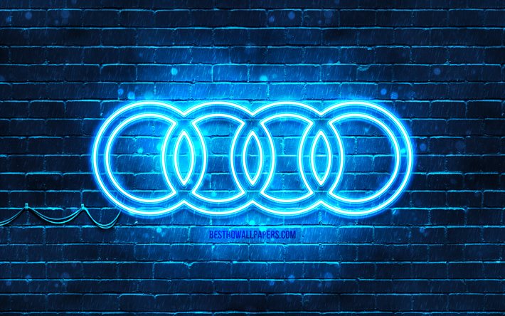 Audi sininen logo, 4k, sininen brickwall, Audi-logo, autot tuotemerkit, Audi neon-logo, Audi
