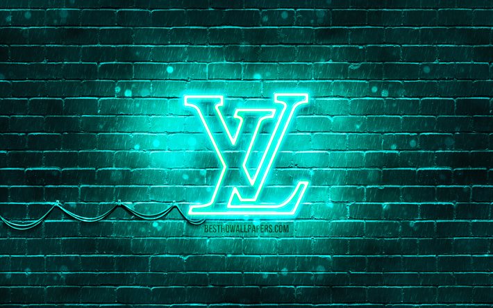 Louis Vuitton turkuaz logo, 4k, turkuaz brickwall, Louis Vuitton logo, marka, Louis Vuitton neon logo, Louis Vuitton