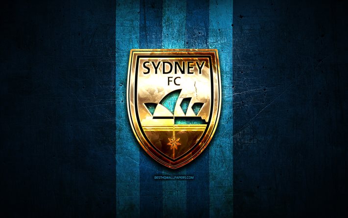Sydney FC, golden logo, A-League, blue metal background, football, FC Sydney, Australian football club, FC Sydney logo, soccer, Australia