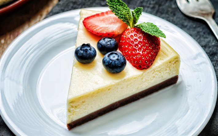 cheesecake with berries, strawberries, blueberries, cakes, sweets, cheesecake