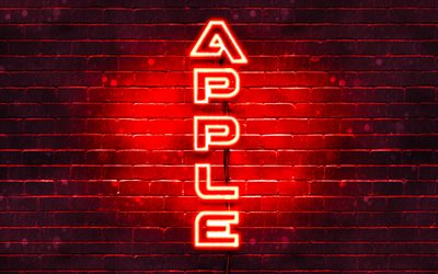 4K, A Apple logo vermelho, texto vertical, vermelho brickwall, A Apple neon logotipo, criativo, Log&#243;tipo da Apple, obras de arte, Apple