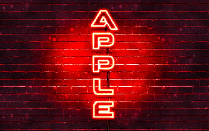 4K, Apple赤ロゴ, テキストの垂直, 赤brickwall, リンゴネオンのロゴ, 創造, Appleのロゴ, 作品, Apple