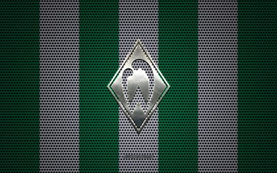 SV Werder Bremen-logo, Saksalainen jalkapalloseura, metalli-tunnus, vihre&#228; ja valkoinen metalli mesh tausta, SV Werder Bremen, Bundesliiga, Bremen, Saksa, jalkapallo