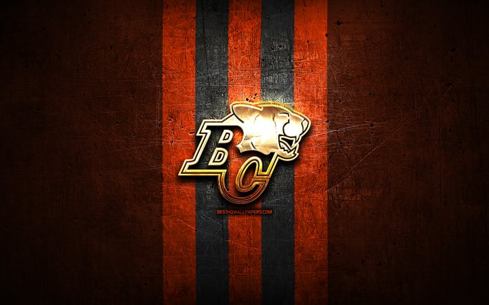 BC Lions, logo dorato, CFL, sfondo metallico arancione, squadra di calcio canadese, Canadian Football League, logo BC Lions, football canadese