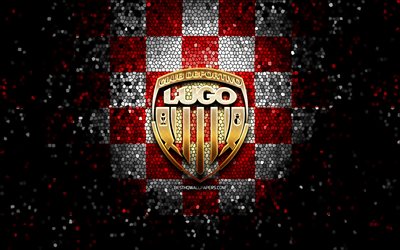 Lugo FC, glitter logo, La Liga 2, red white checkered background, Segunda, soccer, spanish football club, Lugo logo, mosaic art, football, LaLiga 2, CD Lugo