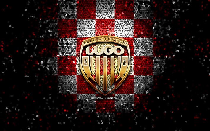 Lugo FC, logo de paillettes, La Liga 2, fond quadrill&#233; blanc rouge, Segunda, football, club de football espagnol, logo Lugo, art de la mosa&#239;que, LaLiga 2, CD Lugo