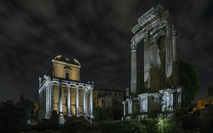 Imperial fora, Rome, Forum of Caesar, Rome landmark, night, ruins, Italy