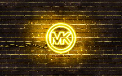 Michael Kors الشعار الأصفر, 4k, الأصفر brickwall, Michael Kors logo, ماركات الأزياء, Michael Kors النيون شعار, مايكل كورس