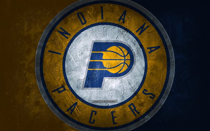 Indiana Pacers, &#233;quipe am&#233;ricaine de basket-ball, fond de pierre jaune bleu, logo Indiana Pacers, art grunge, NBA, basket-ball, USA, embl&#232;me des Indiana Pacers