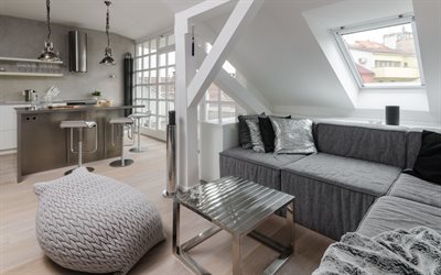modern apartment interior design, attic floor, loft style, kitchen, small steel table, stylish interior design