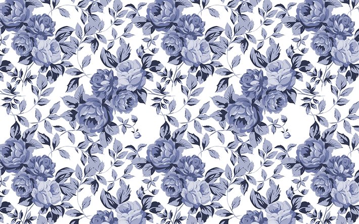 blue vintage background, 4k, background with flowers, vintage floral pattern, blue flowers, floral ornaments, floral patterns, blue backgrounds