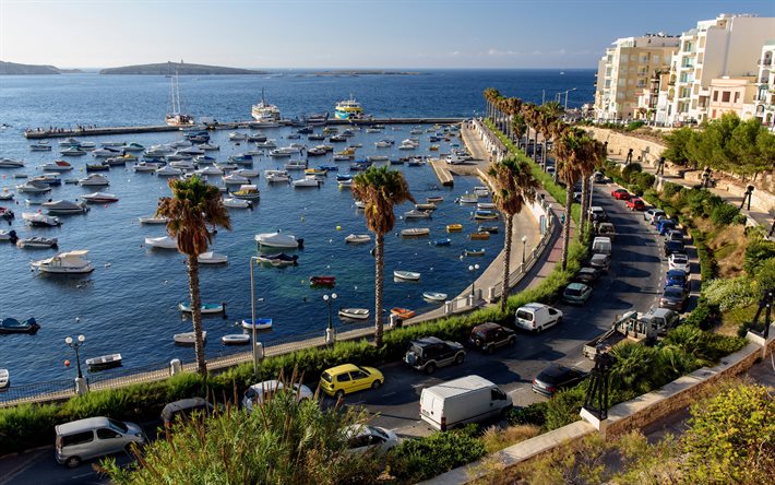 Valletta, Malta, ver&#227;o, costa, iates, noite, p&#244;r do sol, vista do mar, mar Mediterr&#226;neo