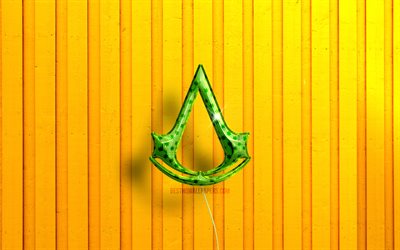Logo 3D di Assassins Creed, 4K, palloncini realistici verdi, sfondi di legno gialli, marchi di giochi, logo di Assassins Creed, Assassins Creed