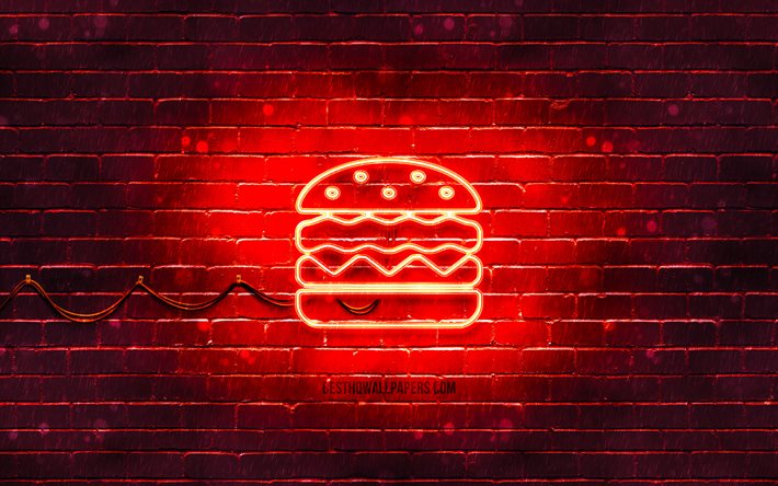burger neon symbol, 4k, roter hintergrund, neon symbole, burger, kreativ, burger zeichen, lebensmittel zeichen, burger symbol, lebensmittel symbole
