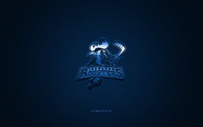 Iserlohn Roosters, German hockey club, Deutsche Eishockey Liga, blue logo, DEL, blue carbon fiber background, ice hockey, Iserlohn, Germany, Iserlohn Roosters logo