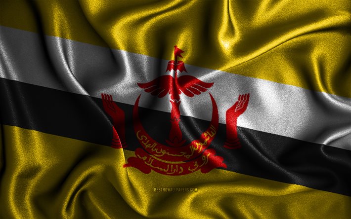Drapeau de Brunei, 4k, drapeaux ondul&#233;s en soie, pays asiatiques, symboles nationaux, drapeau de Brunei, drapeaux en tissu, art 3D, Brunei, Asie, drapeau Brunei 3D