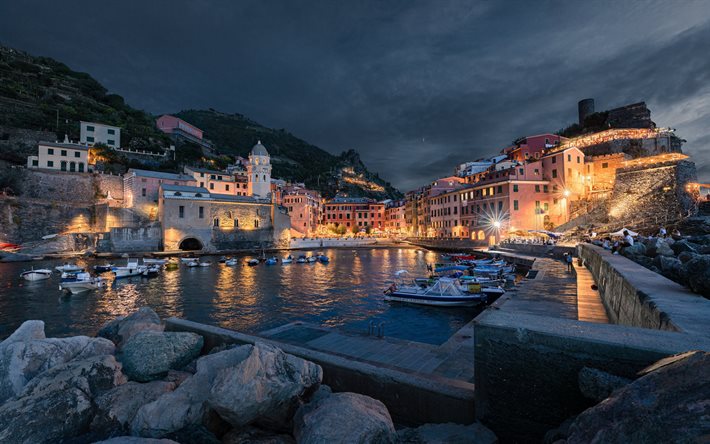 Vernazza, Cinque Terre, akşam, defne, sahil, akdeniz, Liguria, İtalya