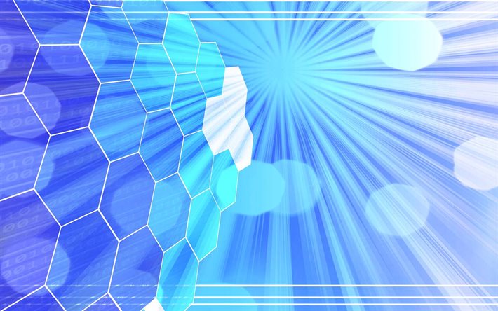 honeycomb blue background, blue hexagons background, digital technology blue background, blue abstraction, honeycomb abstraction, blue rays background