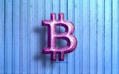4k, logo Bitcoin, ballons r&#233;alistes violets, crypto-monnaie, logo 3D Bitcoin, fonds en bois bleus, Bitcoin