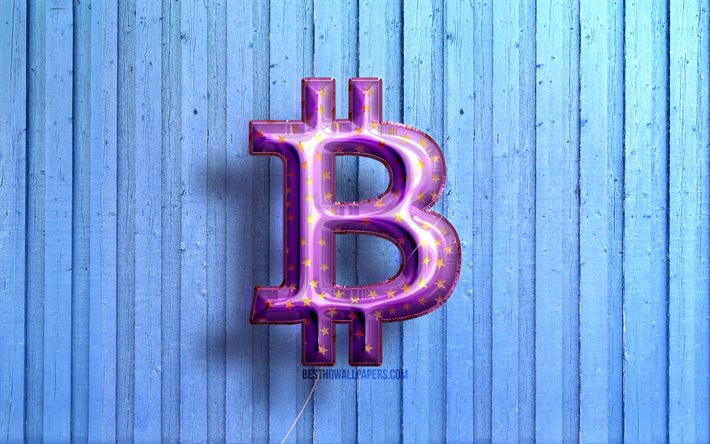 4k, Bitcoin-logo, violetit realistiset ilmapallot, kryptovaluutta, Bitcoin 3D-logo, siniset puitaustat, Bitcoin