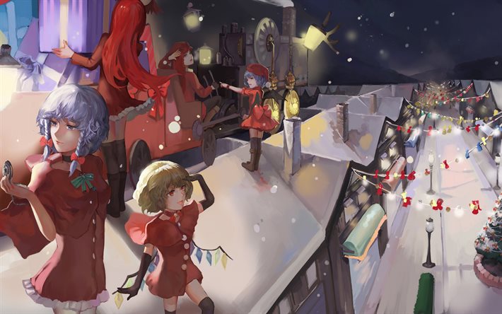 touhou-projekt, flandre scarlet, furandooru sukaaretto, remilia scarlet, izayoi sakuya, winter, weihnachten, anime-figuren, japanischer manga