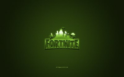 Fortnite, jeu populaire, logo vert Fortnite, fond vert en fibre de carbone, logo Fortnite, embl&#232;me Fortnite