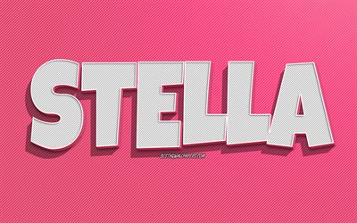 Stella, fond de lignes roses, fonds d&#39;&#233;cran avec noms, nom Stella, noms f&#233;minins, carte de voeux Stella, dessin au trait, photo avec nom Stella