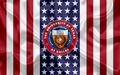 Embl&#232;me de l&#39;Universit&#233; du Texas &#224; Dallas, drapeau am&#233;ricain, logo de l&#39;Universit&#233; du Texas &#224; Dallas, Dallas, Texas, &#201;tats-Unis, Universit&#233; du Texas &#224; Dallas