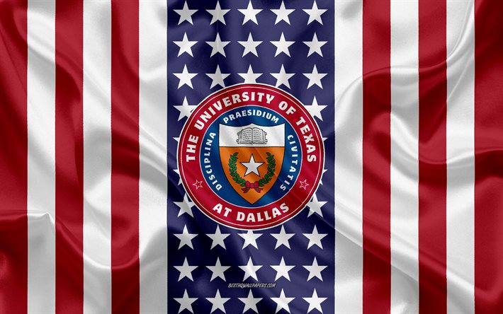 universit&#228;t von texas bei dallas emblem, amerikanische flagge, universit&#228;t von texas bei dallas logo, dallas, texas, usa, universit&#228;t von texas bei dallas