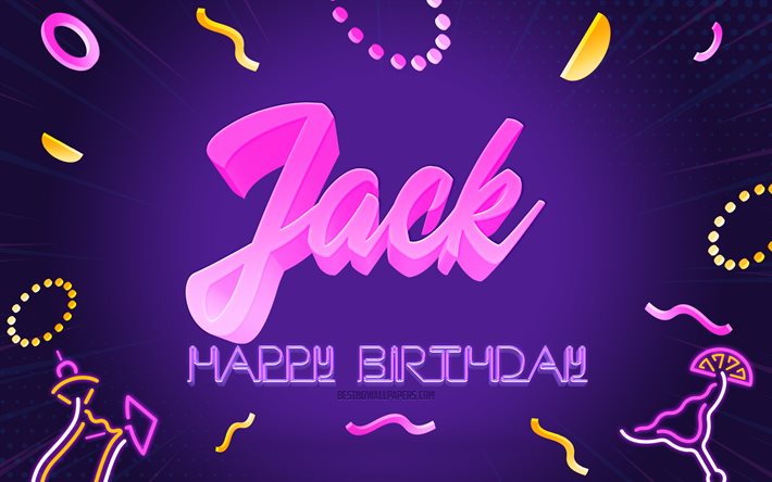 誕生日おめでとう, 4k, 紫のパーティーの背景, ジャック, クリエイティブアート, ジャックの誕生日おめでとう, ジャック名, ジャックの誕生日, 誕生日パーティーの背景