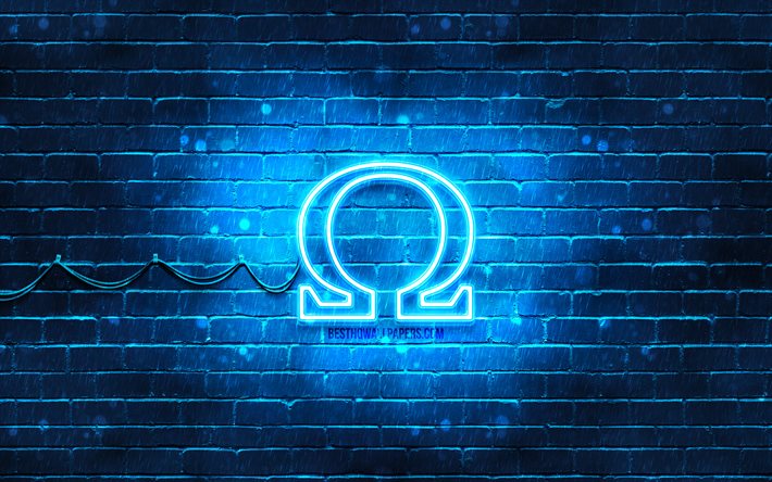 Omega blue logo, 4k, blue brickwall, Omega logo, fashion brands, Omega neon logo, Omega