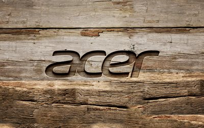 Acer wooden logo, 4K, wooden backgrounds, brands, Acer logo, creative, wood carving, Acer