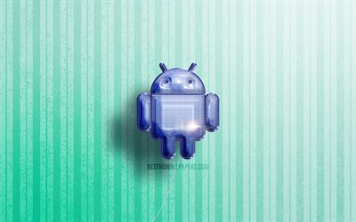 4k, logo 3D Android, ballons r&#233;alistes bleus, OS, logo Android, arri&#232;re-plans en bois bleus, Android