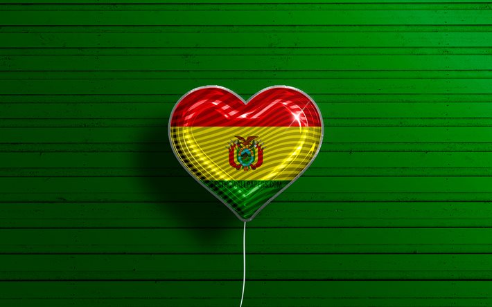 أنا أحب بوليفيا, 4 ك, بالونات واقعية, خلفية خشبية خضراء, أمريكا الجنوبية, قلب العلم البوليفي, الدول المفضلة, علم بوليفيا, بالون مع العلم, العلم البوليفي, بوليفيا, أحب بوليفيا