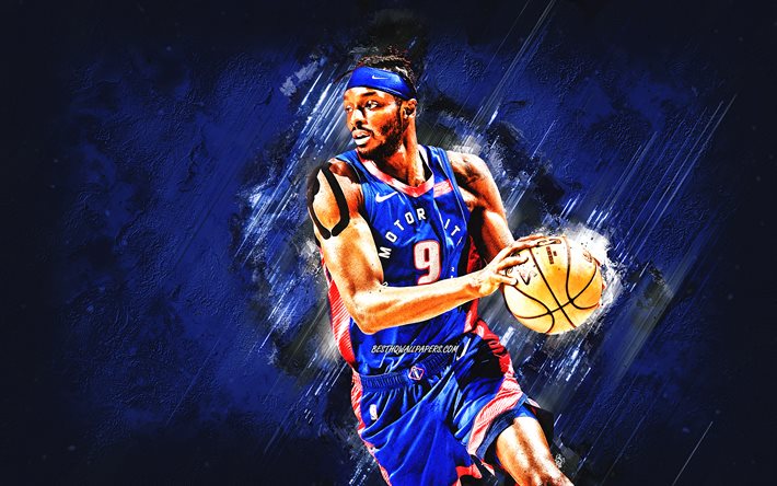 Jerami Grant, Detroit Pistons, NBA, joueur de basket-ball am&#233;ricain, fond de pierre bleue, USA, basket-ball