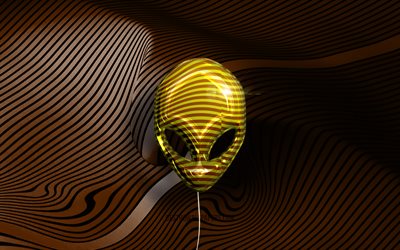 Alienware 3D logo, 4K, golden realistic balloons, Alienware logo, brown wavy backgrounds, Alienware