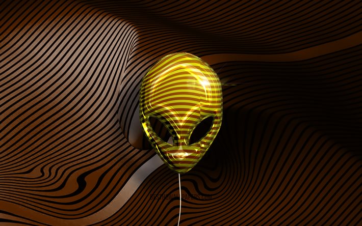 Alienware 3D logo, 4K, golden realistic balloons, Alienware logo, brown wavy backgrounds, Alienware