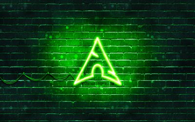 Logo vert Arch Linux, 4k, OS, brickwall vert, logo Arch Linux, Linux, logo n&#233;on Arch Linux, Arch Linux
